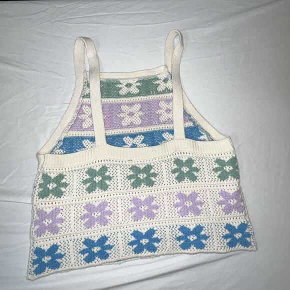 American Eagle Floral High Neck Sweater Tank Top Crocheted Size Small - Picture 2 of 6